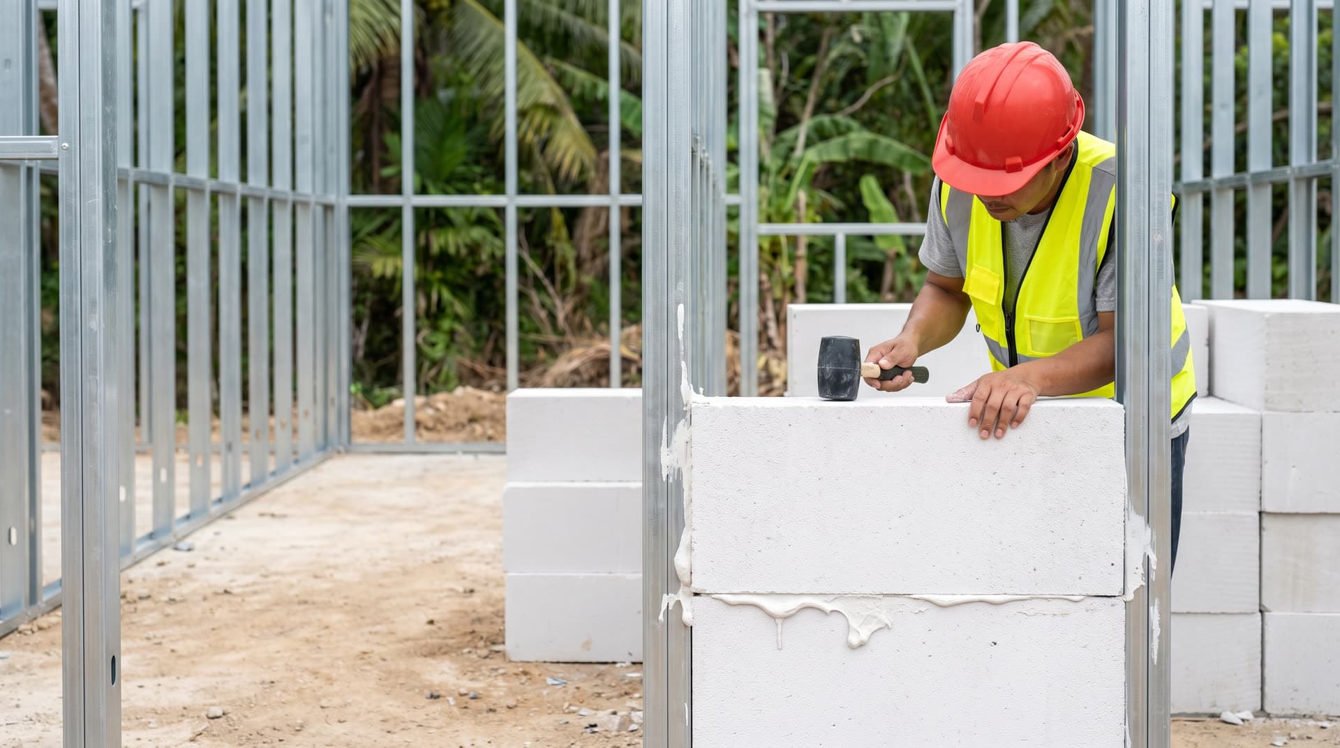 White Framecrete AAC blocks being laid on a steel-framed wall