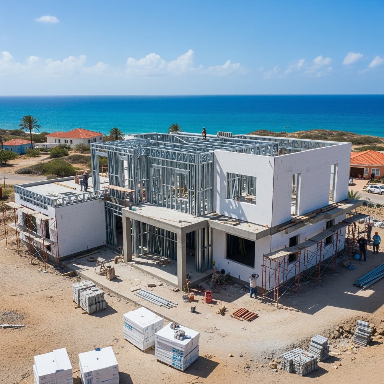 Aerial of a Framecrete home under construction on the Aruba coast