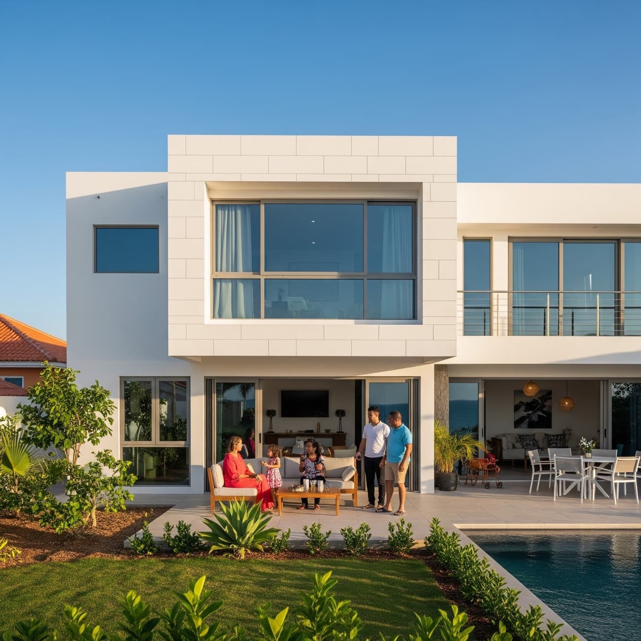 Finished white-AAC Framecrete home at golden hour