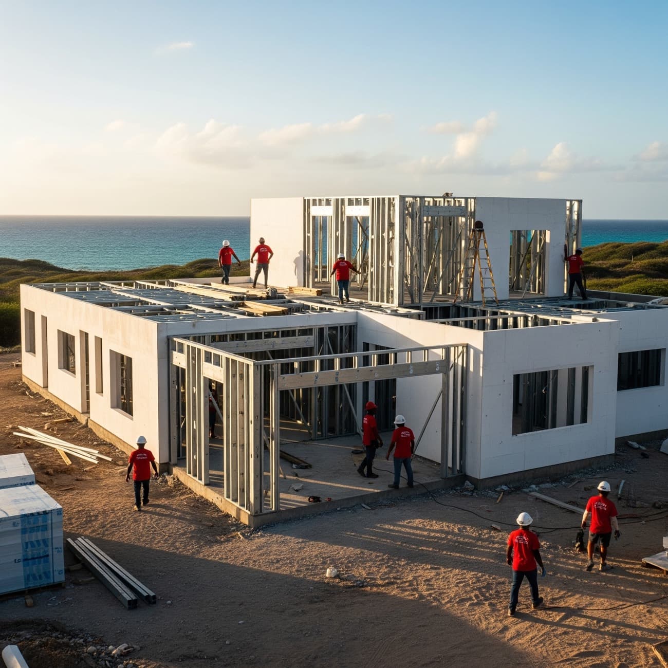 Oceanfront Framecrete build — steel framing and white AAC