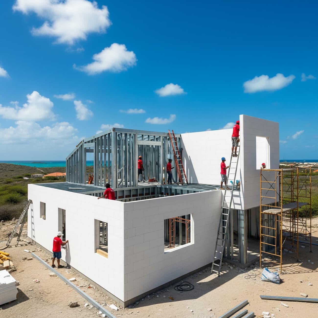 Two-story Framecrete home under construction with crew on site
