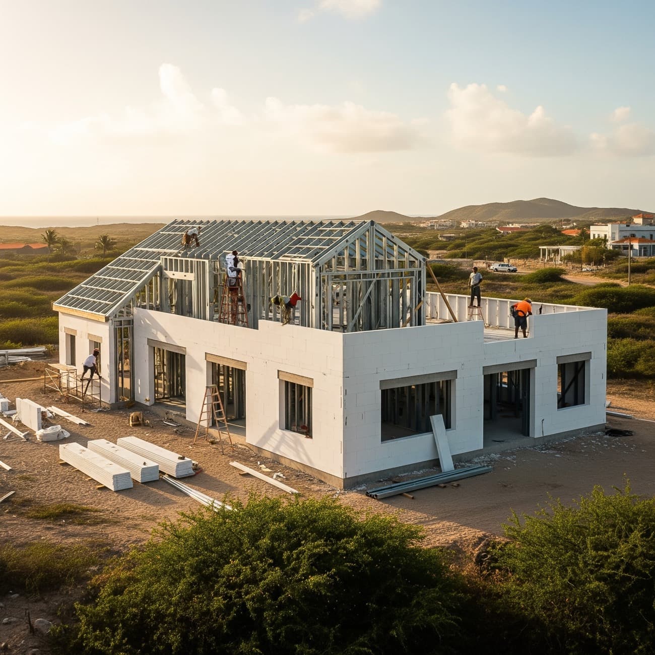 Aerial of a single-story Framecrete build at sunset