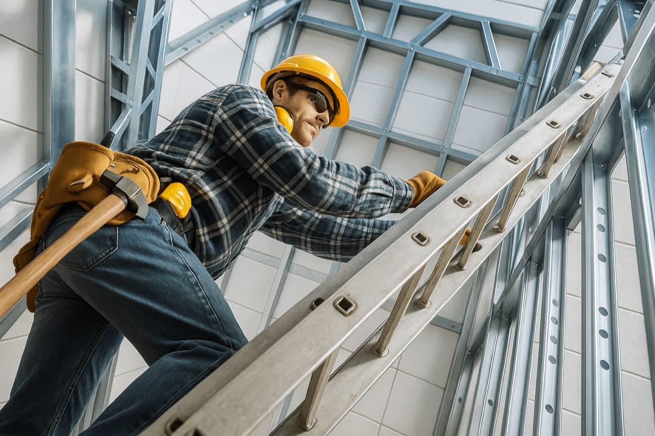 Worker on a light-gauge steel frame on site