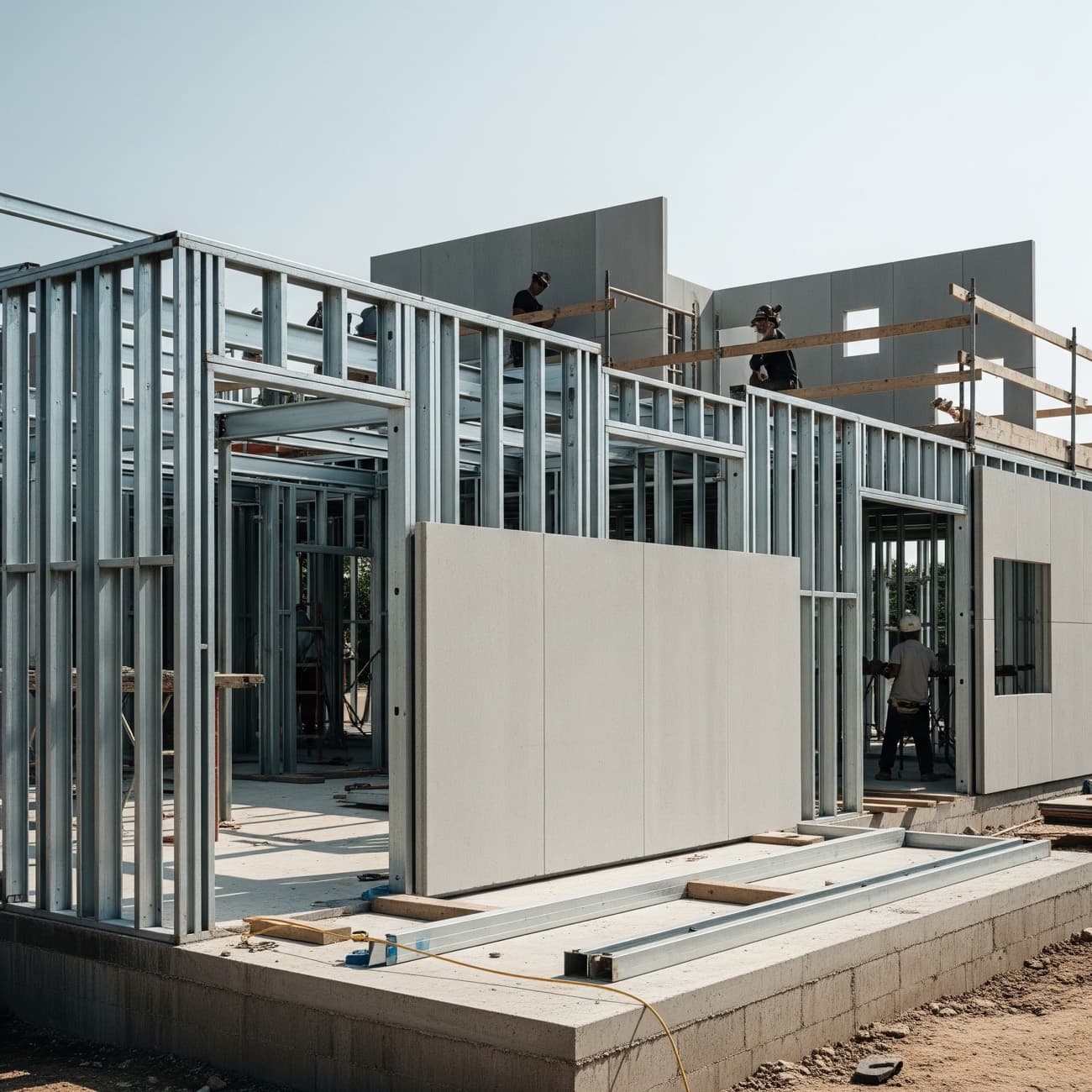 Steel framing with large white Framecrete AAC wall panels