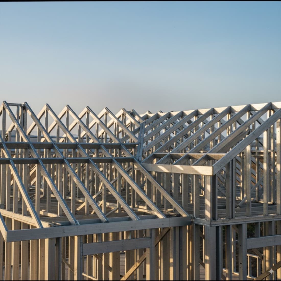Light-gauge steel roof framing against the sky
