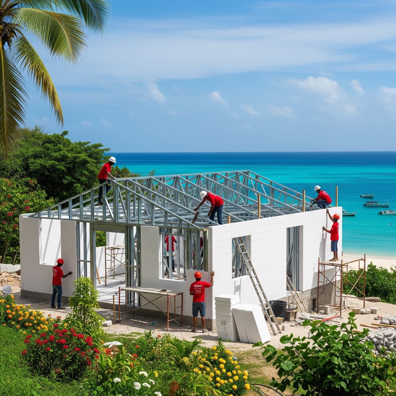 Beachfront Framecrete build — white AAC walls and steel roof framing