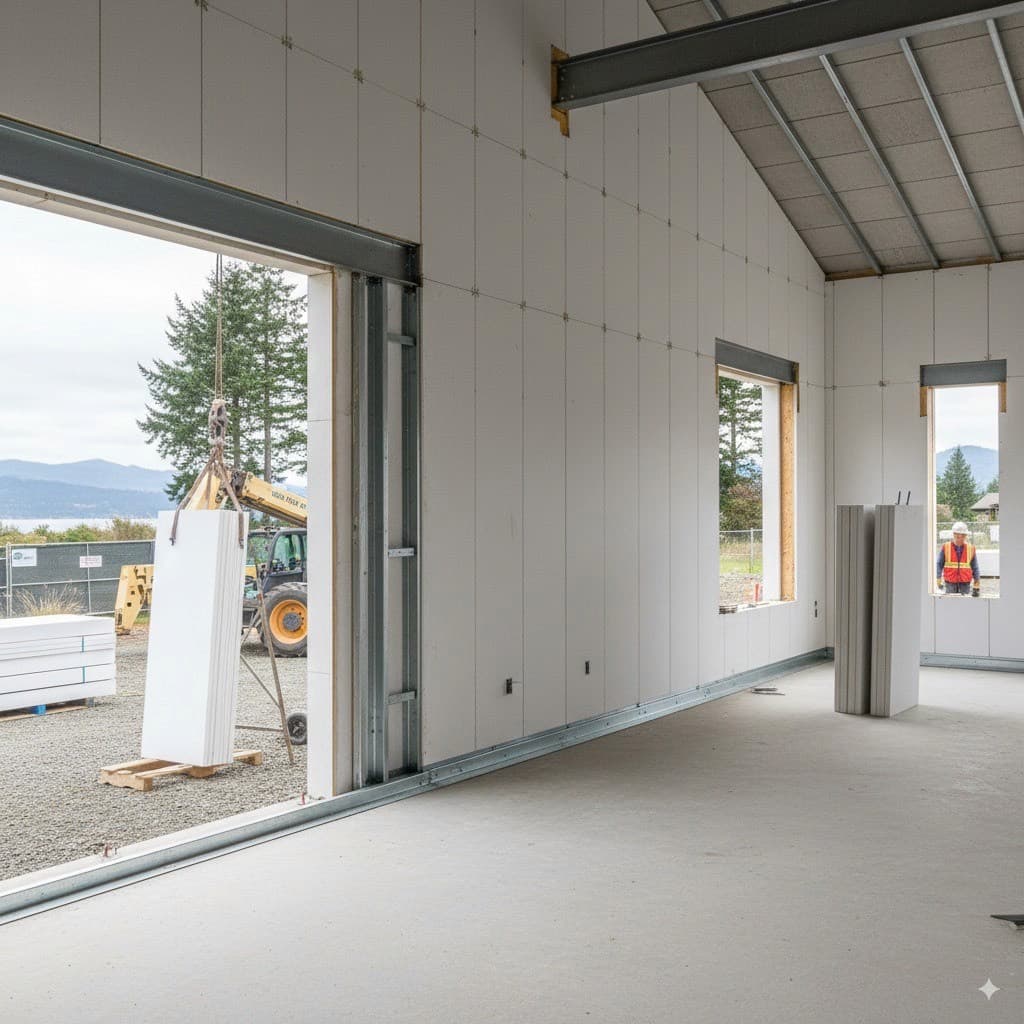 Interior of a Framecrete build with white AAC panels and steel framing