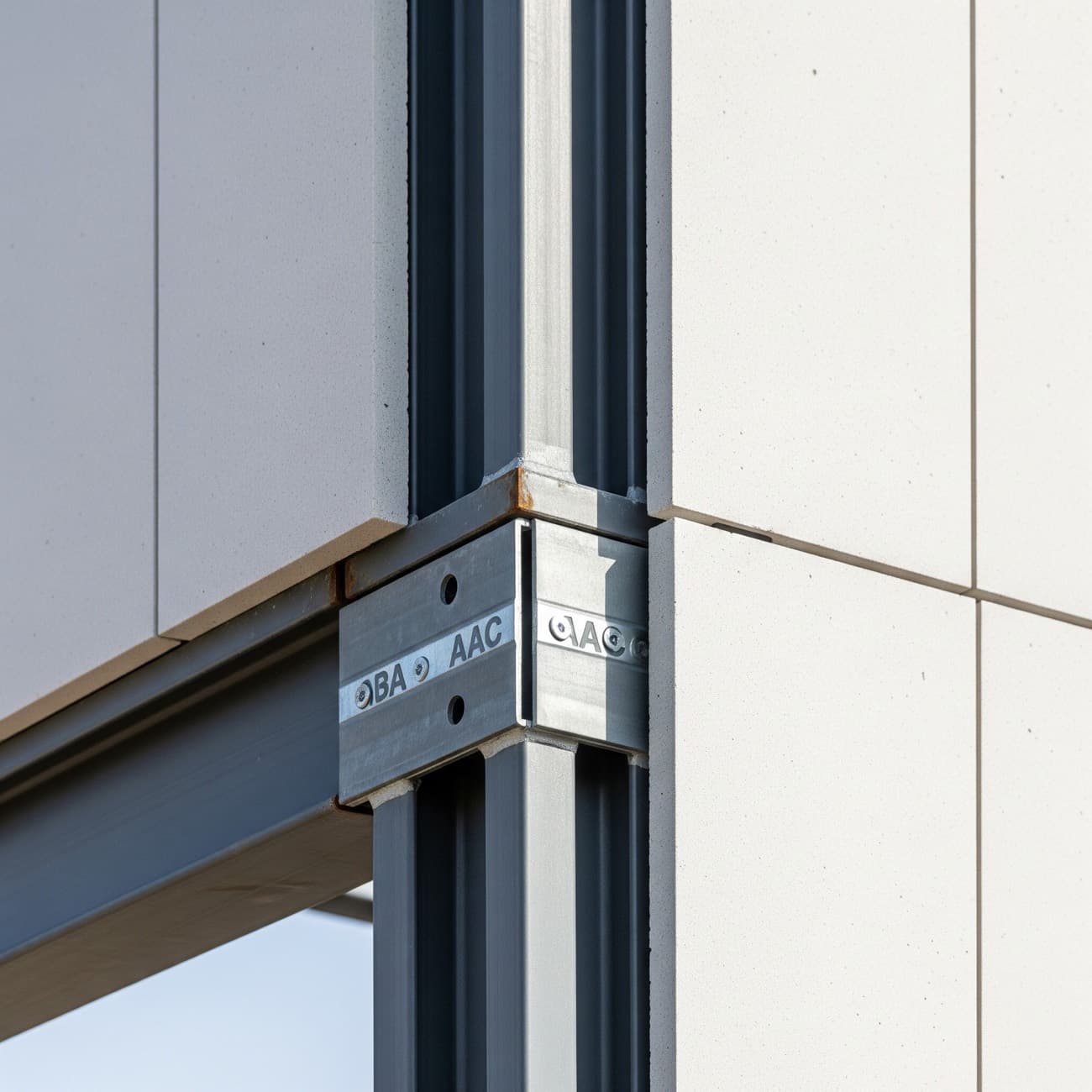 Steel frame meeting white AAC cladding panels