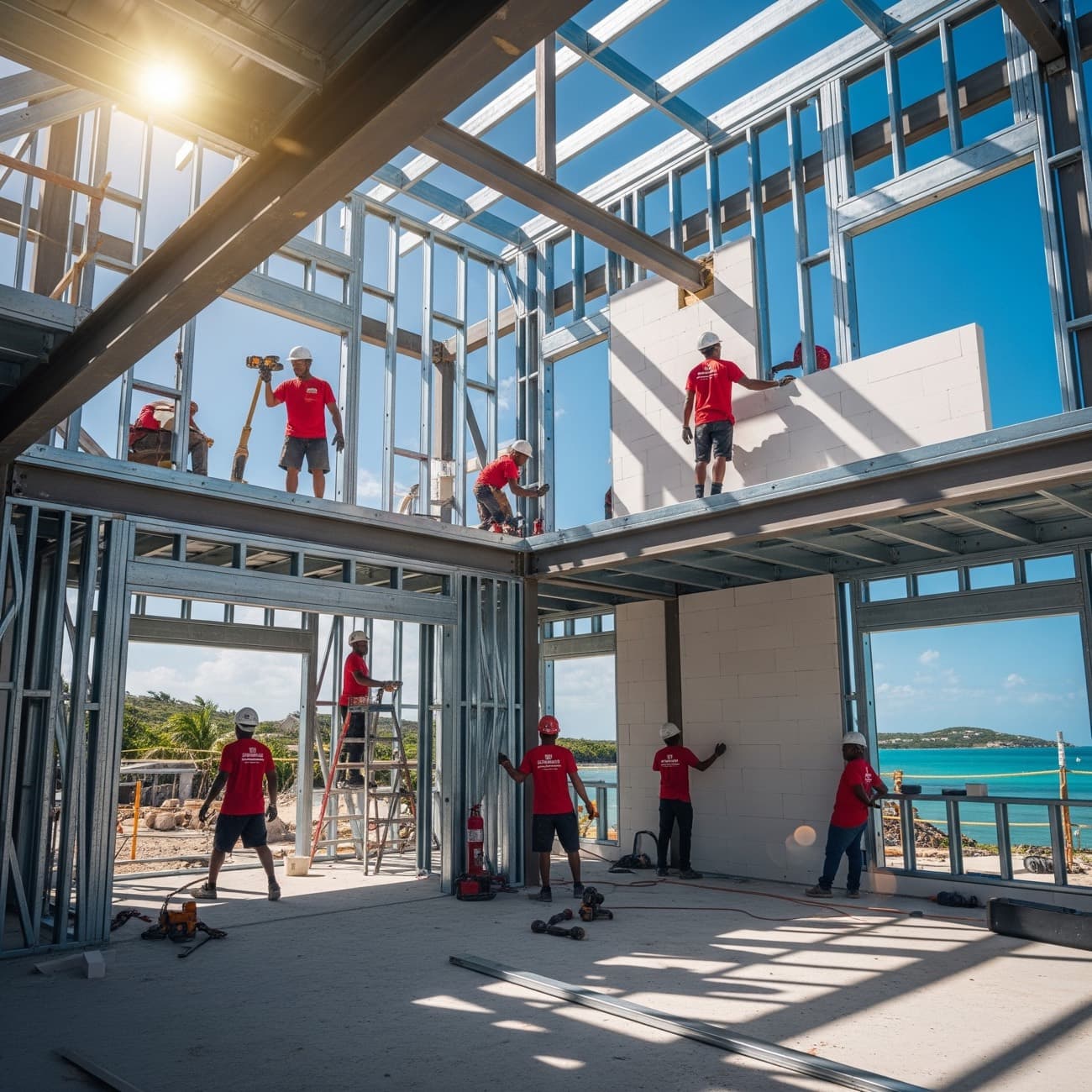 Inside a steel frame as white AAC panels go up, sea beyond