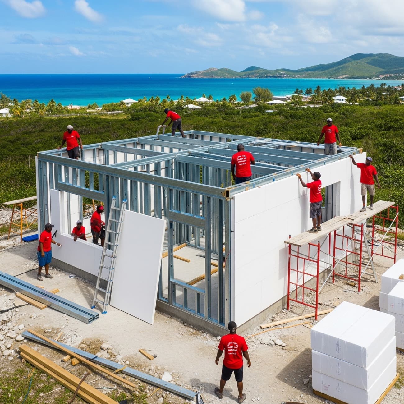 Aerial of a single-story Framecrete build by the ocean