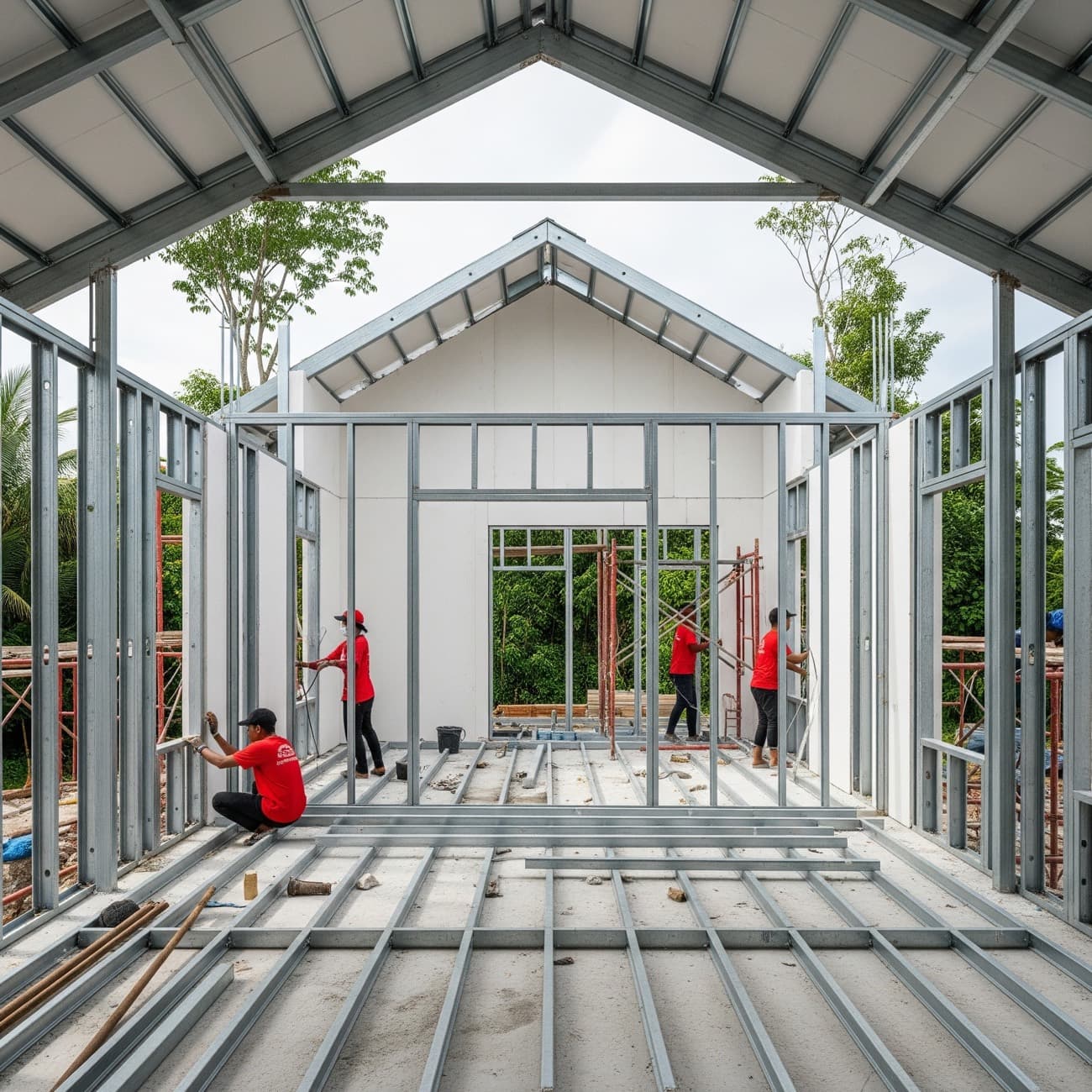 Interior steel framing with white AAC infill and crew on site