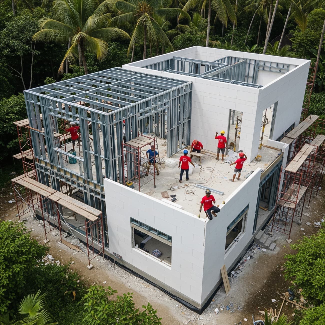 Top-down aerial of a Framecrete build amid palms