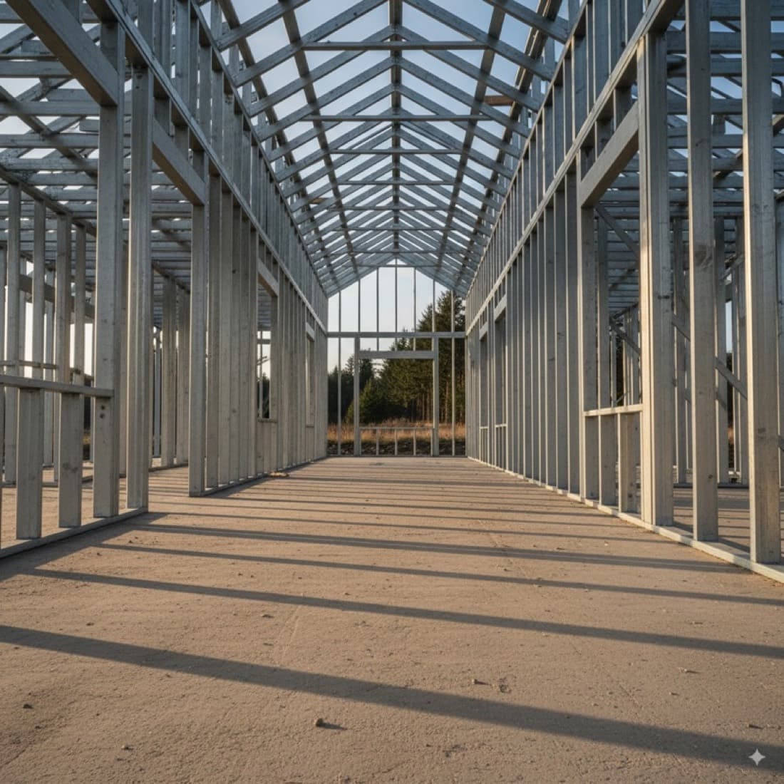 Light-gauge steel framing interior at golden hour