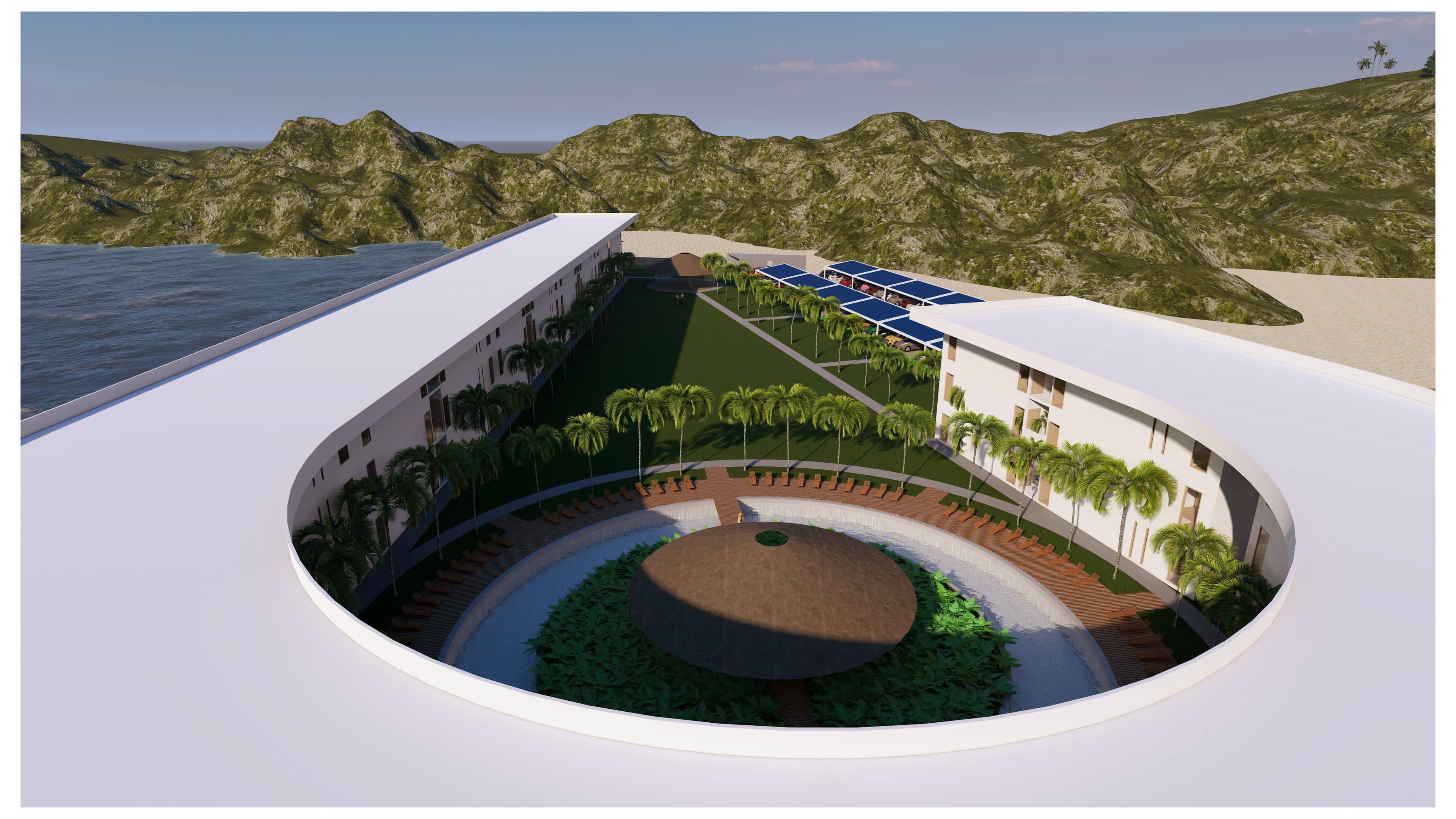 Virgin Gorda Resort 2026 — aerial view of curved building and circular pool